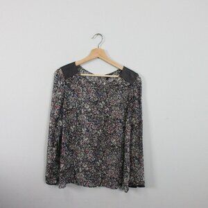 Club Monaco Silk Floral Blouse Women S Black Leather Shoulder Patches Luxury 70